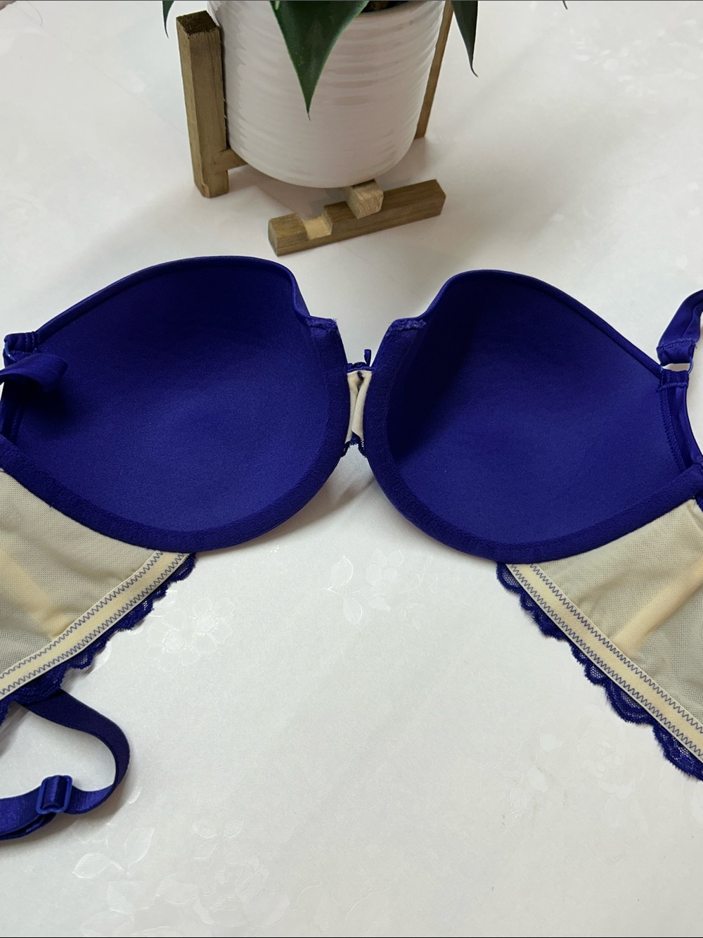 Women's Royal Blue Push-Up Lace Bra with Rhinestone Detail - Picture 2 of 5